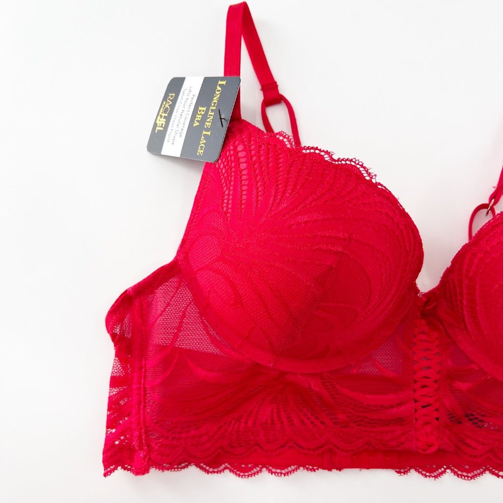Rachel Roy Longline Lace Bra criss cross front 36B Red NWT - Picture 3 of 10